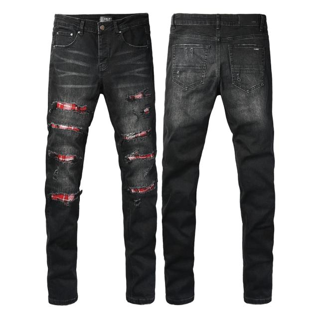 #8941 Amir* Men Black Whisker Wash Red Plaid Tartan Patch Ripped Skinny Stretch Distressed Denim Jeans