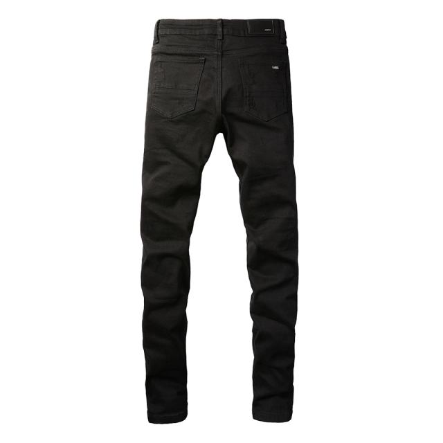 #666 Amir* Men Black Patch Ripped Skinny Stretch Distressed Denim Jeans