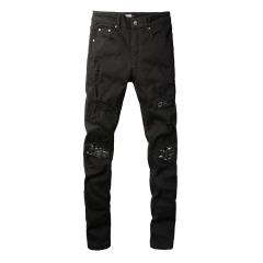 #666 Amir* Men Black Patch Ripped Skinny Stretch Distressed Denim Jeans