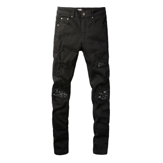 #666 Amir* Men Black Patch Ripped Skinny Stretch Distressed Denim Jeans