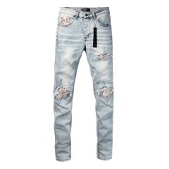 #8954 Amir* Men Light Vintage Wash Snake Print Fabric Patch Ripped Skinny Stretch Distressed Denim Jeans