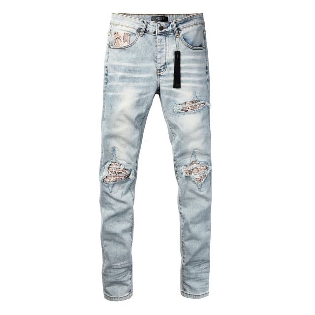 #8954 Amir* Men Light Vintage Wash Snake Print Fabric Patch Ripped Skinny Stretch Distressed Denim Jeans