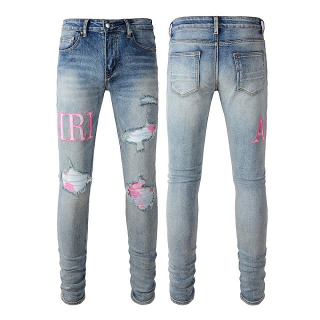 #1316 Amir* Mens Vintage Washed Blue Destroyed Skinny Jeans, Pink Logo Graphic