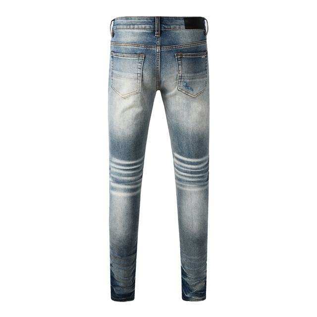 #8926 Amir* Men Gradient Blue Wash Stacked Ripped Skinny Jeans, Multi-Layer Blue Knee Patch Stretch Slim Denim Pants