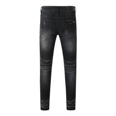 #8924 Amir* Men Black Whisker Wash Bandana Print Fabric Patch Ripped Skinny Stretch Distressed Denim Jeans