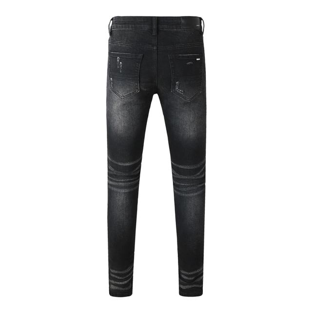 #8924 Amir* Men Black Whisker Wash Bandana Print Fabric Patch Ripped Skinny Stretch Distressed Denim Jeans