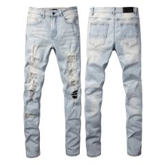 #808 Amir* Men Light Wash Mesh Patch Ripped Skinny Stretch Distressed Denim Jeans