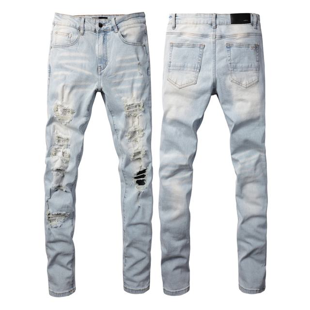 #808 Amir* Men Light Wash Mesh Patch Ripped Skinny Stretch Distressed Denim Jeans