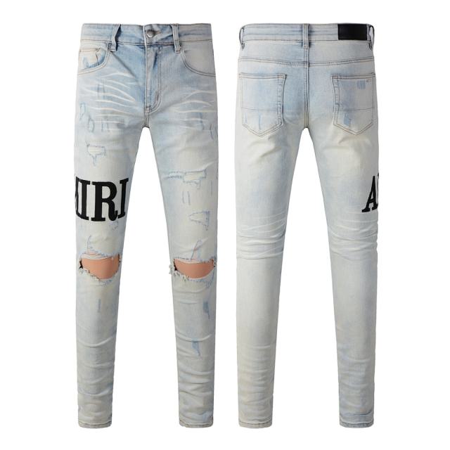 #650 Amir* Men Pale Bleach Wash Letter Print Ripped Skinny Stretch Distressed Denim Jeans