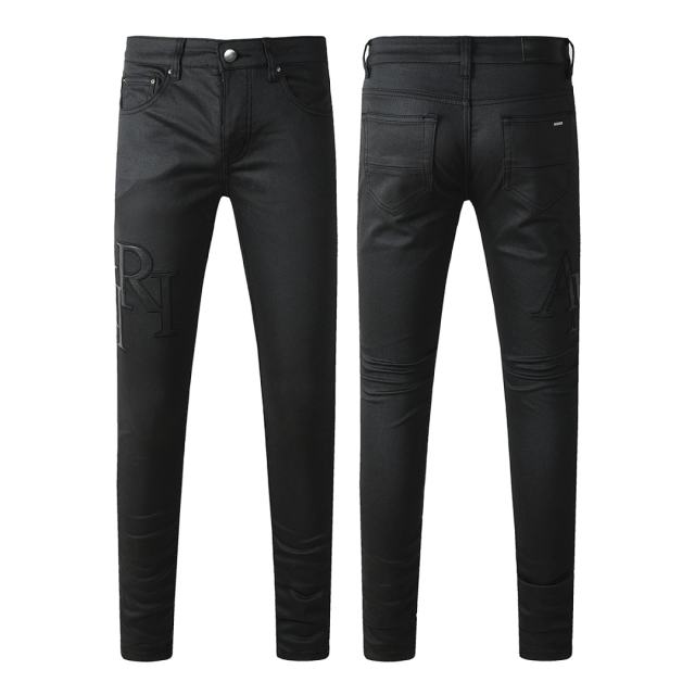 #8918 Amir* Men Solid Black Skinny Jeans, 3D Embossed Side Letter Logo Stretch Slim Fit Denim Pants