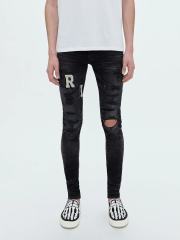 #8815 Amir* Men Black White Letter Print Ripped Skinny Stretch Distressed Denim Jeans