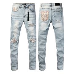 #8954 Amir* Men Light Vintage Wash Snake Print Fabric Patch Ripped Skinny Stretch Distressed Denim Jeans