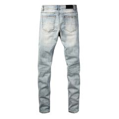#8945 Amir* Men Light Vintage Wash Black Rhinestone Stud Patch Ripped Skinny Stretch Distressed Denim Jeans