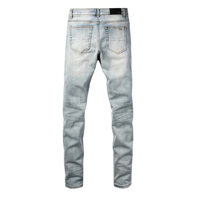 #8945 Amir* Men Light Vintage Wash Black Rhinestone Stud Patch Ripped Skinny Stretch Distressed Denim Jeans