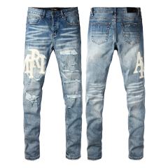 #8938 Amir* Men Medium Blue Wash Cream White Big Side Letter Logo Ripped Skinny Stretch Denim Jeans