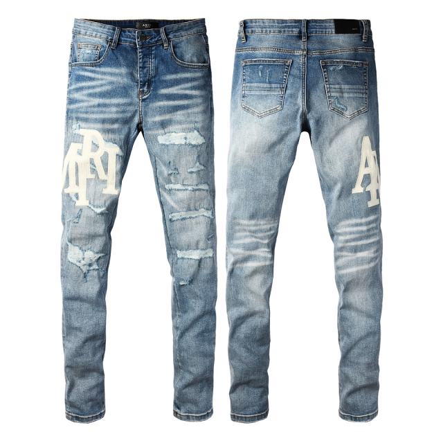 #8938 Amir* Men Medium Blue Wash Cream White Big Side Letter Logo Ripped Skinny Stretch Denim Jeans