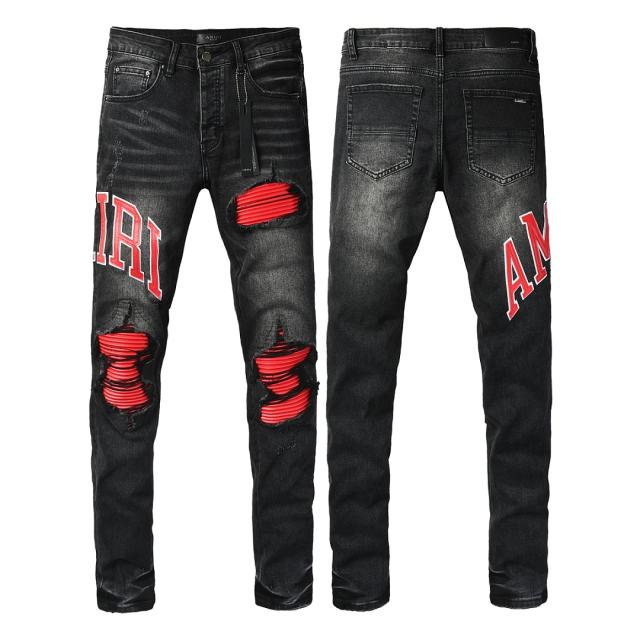 #8943 Amir* Men Black Whisker Wash Red Letter Logo Red Fabric Patch Ripped Skinny Stretch Distressed Denim Jeans
