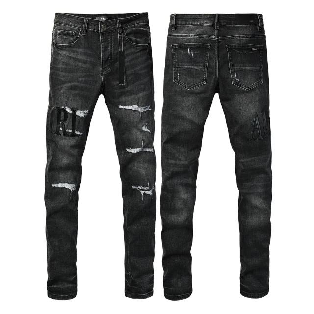 #8950 Amir* Men Black Whisker Wash Black Letter Logo White Frayed Rip Ripped Skinny Stretch Distressed Denim Jeans
