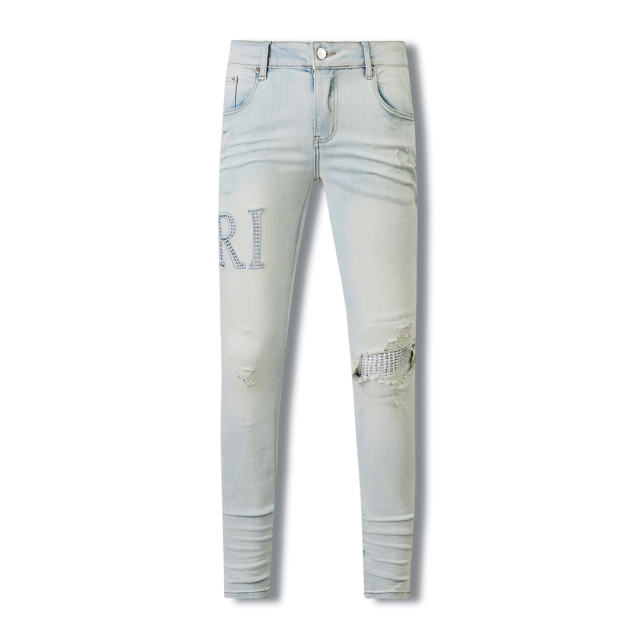 #8818 Amir* Men Pale Light Wash Rhinestone Letter Mesh Patch Ripped Skinny Stretch Denim Jeans