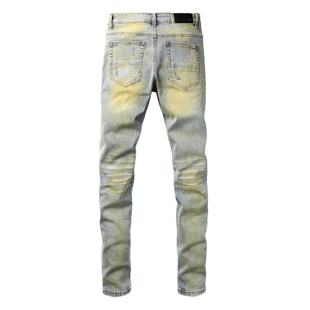 #8953 Amir* Men Light Vintage Wash Pink Fabric Patch Ripped Skinny Stretch Distressed Denim Jeans