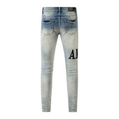 #601 Amir* Men Light Blue Letter Print Ripped Skinny Stretch Distressed Denim Jeans