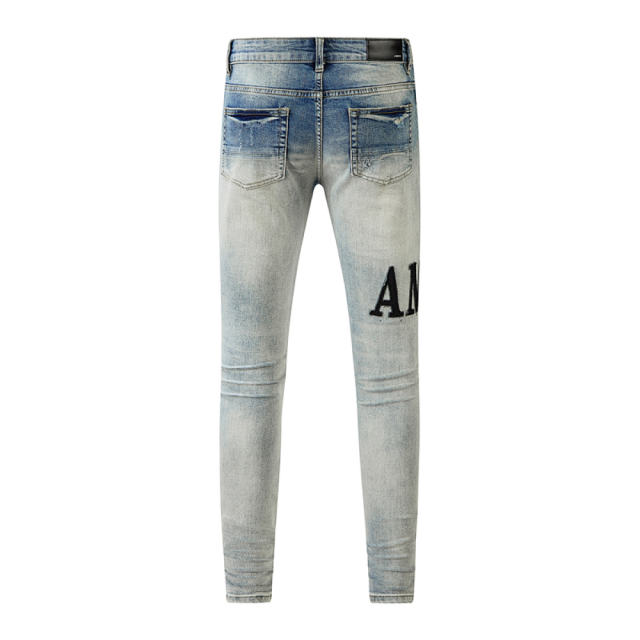 #601 Amir* Men Light Blue Letter Print Ripped Skinny Stretch Distressed Denim Jeans