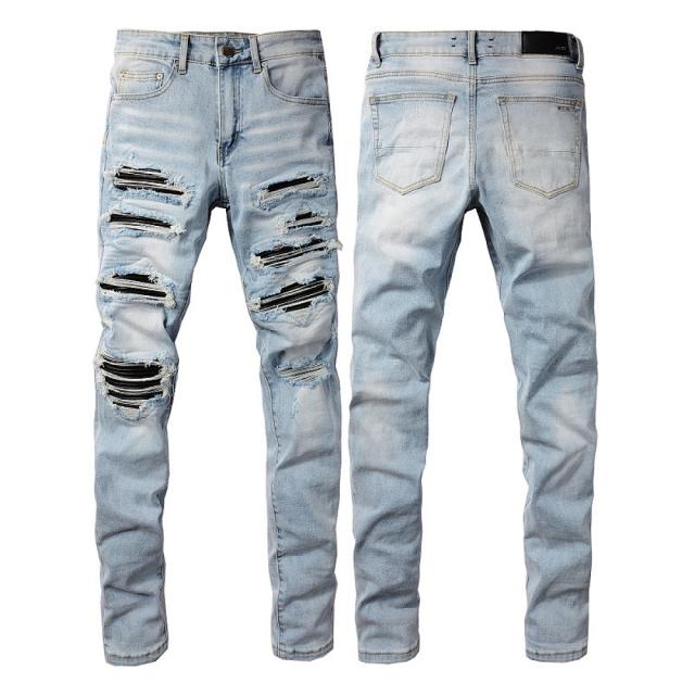 #808 Amir* Men Light Wash Black Ribbed Patch Ripped Skinny Stretch Distressed Denim Jeans