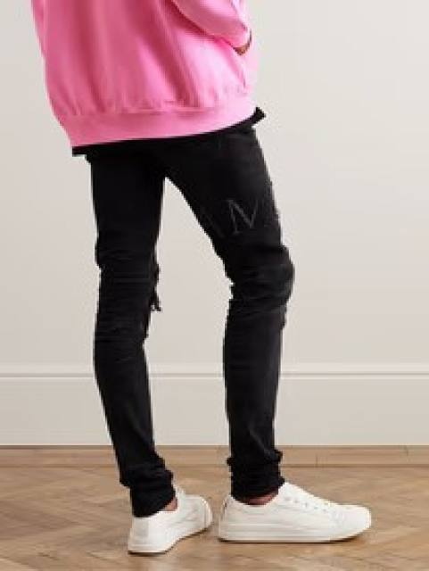 #8823 Amir* Men Black Whisker Wash Rhinestone Letter Rhinestone Mesh Patch Ripped Skinny Stretch Denim Jeans