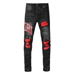 #8943 Amir* Men Black Whisker Wash Red Letter Logo Red Fabric Patch Ripped Skinny Stretch Distressed Denim Jeans