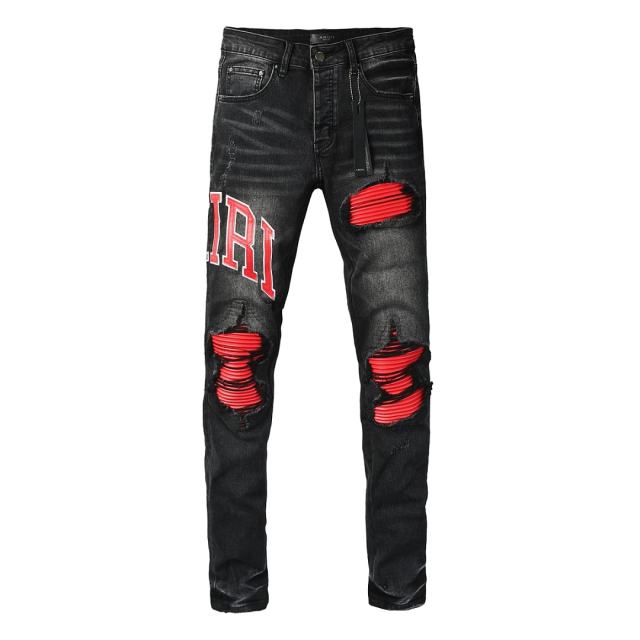 #8943 Amir* Men Black Whisker Wash Red Letter Logo Red Fabric Patch Ripped Skinny Stretch Distressed Denim Jeans