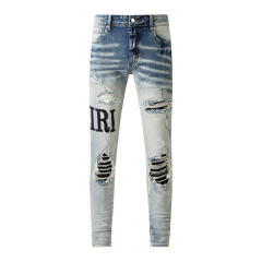 #601 Amir* Men Light Blue Letter Print Ripped Skinny Stretch Distressed Denim Jeans