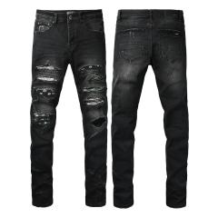 #8942 Amir* Men Black Whisker Wash Camo Mesh Patch Ripped Skinny Stretch Distressed Denim Jeans