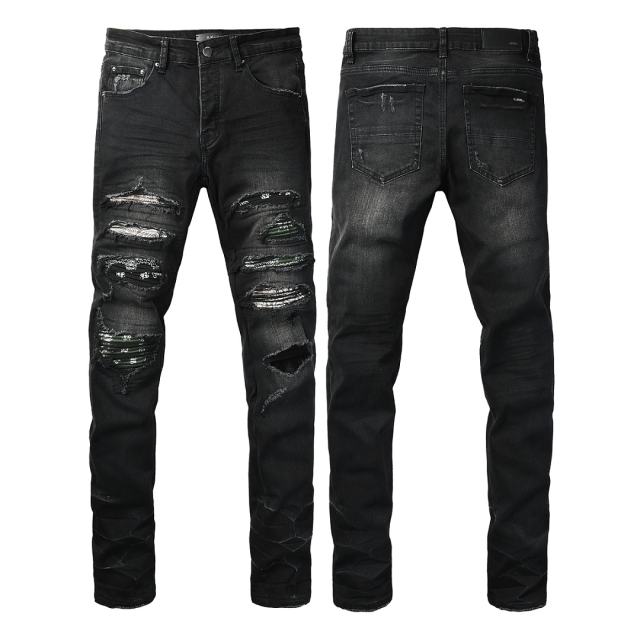 #8942 Amir* Men Black Whisker Wash Camo Mesh Patch Ripped Skinny Stretch Distressed Denim Jeans
