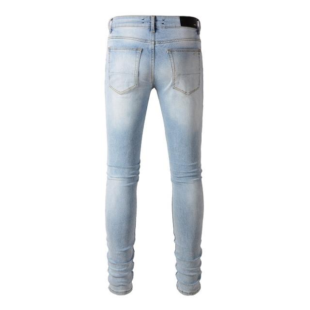 #808 Amir* Men Light Wash Black Ribbed Patch Ripped Skinny Stretch Distressed Denim Jeans