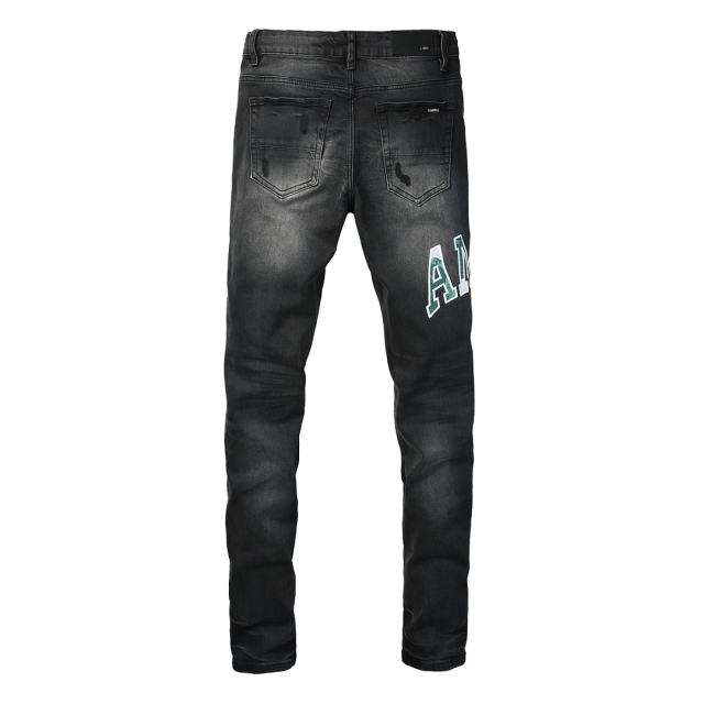 #8951 Amir* Men Black Whisker Wash Green White Letter Logo Green Fabric Patch Ripped Skinny Stretch Distressed Denim Jeans