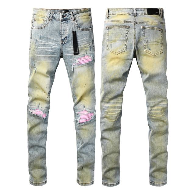 #8953 Amir* Men Light Vintage Wash Pink Fabric Patch Ripped Skinny Stretch Distressed Denim Jeans