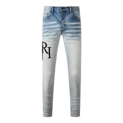 #8910 Amir* Men Light Gradient Wash Skinny Jeans, Black Embroidered Side Letter Logo Stretch Slim Denim Pants
