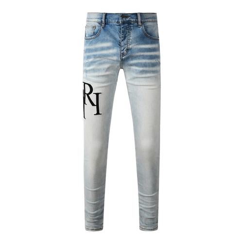 #8910 Amir* Men Light Gradient Wash Skinny Jeans, Black Embroidered Side Letter Logo Stretch Slim Denim Pants