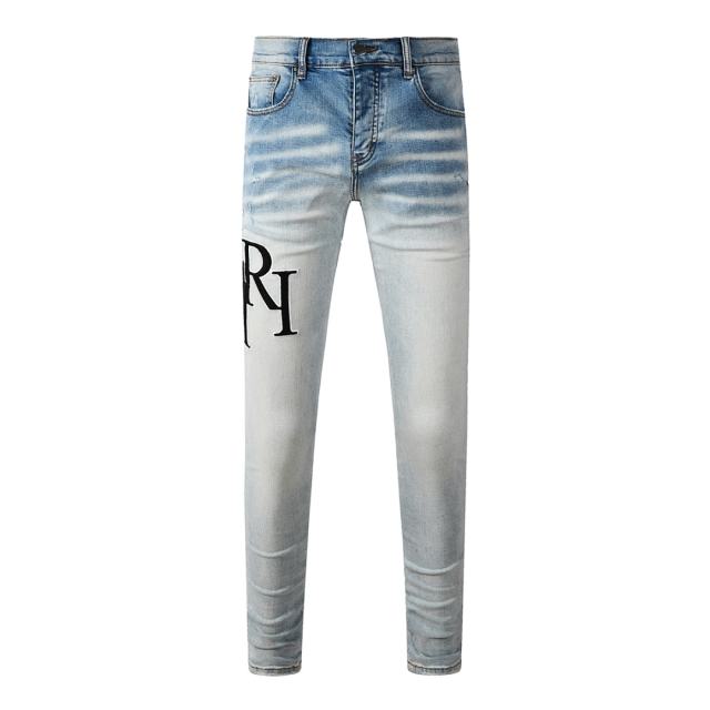 #8910 Amir* Men Light Gradient Wash Skinny Jeans, Black Embroidered Side Letter Logo Stretch Slim Denim Pants