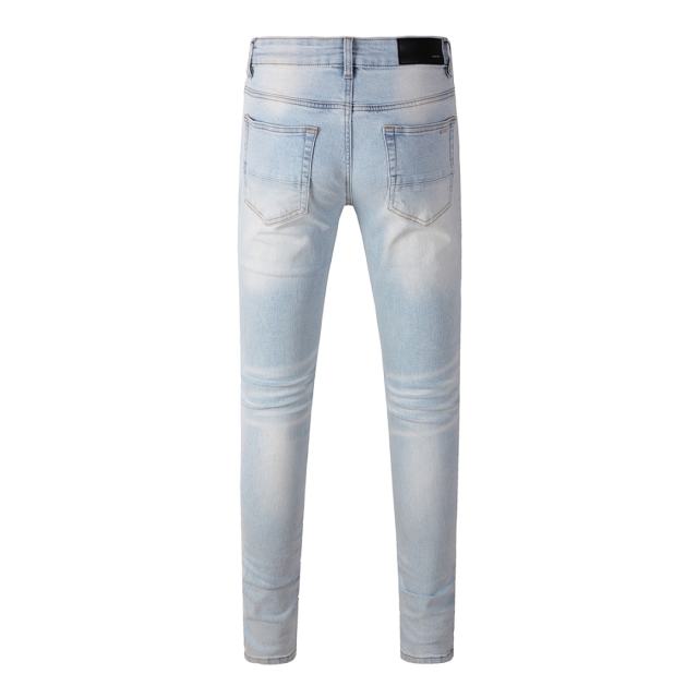 #808 Amir* Men Light Wash Mesh Patch Ripped Skinny Stretch Distressed Denim Jeans