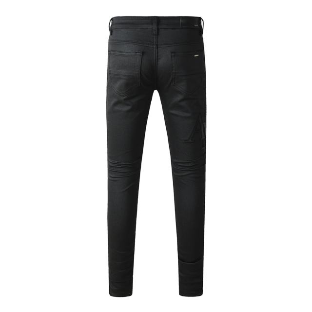 #8918 Amir* Men Solid Black Skinny Jeans, 3D Embossed Side Letter Logo Stretch Slim Fit Denim Pants