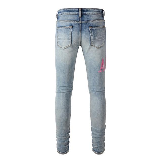 #1316 Amir* Mens Vintage Washed Blue Destroyed Skinny Jeans, Pink Logo Graphic