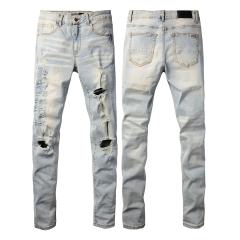 #697 Amir* Men Light Wash Vertical Embroidery Letter Ripped Skinny Stretch Distressed Denim Jeans