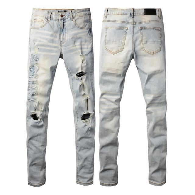 #697 Amir* Men Light Wash Vertical Embroidery Letter Ripped Skinny Stretch Distressed Denim Jeans