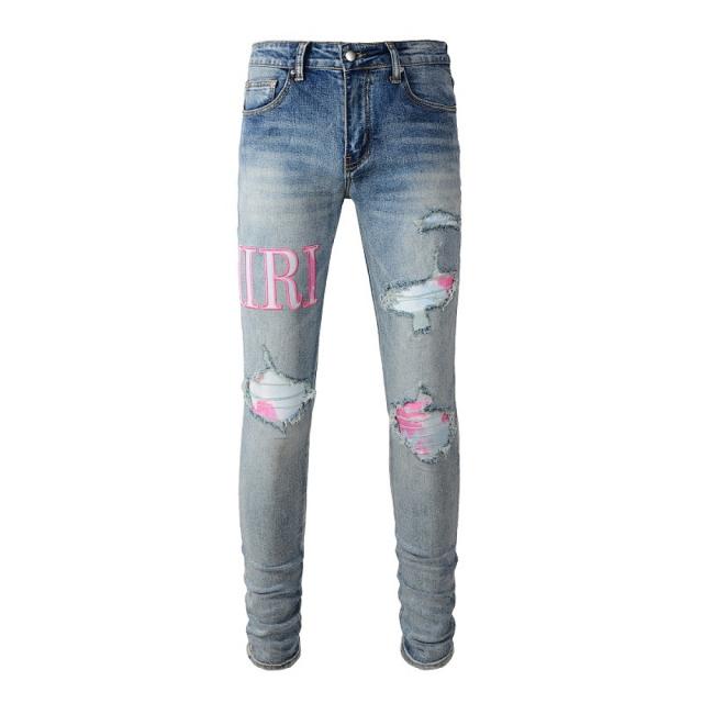 #1316 Amir* Mens Vintage Washed Blue Destroyed Skinny Jeans, Pink Logo Graphic