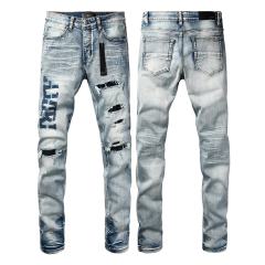 #8944 Amir* Men Light Vintage Wash Vertical Blue Embroidered Letter Black Mesh Patch Ripped Skinny Stretch Denim Jeans