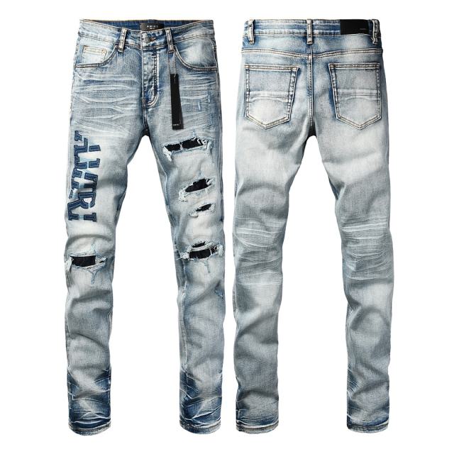 #8944 Amir* Men Light Vintage Wash Vertical Blue Embroidered Letter Black Mesh Patch Ripped Skinny Stretch Denim Jeans