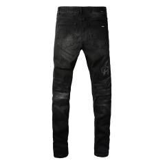 #1312 Amir* Men Black Whisker Wash Stacked Skinny Jeans, Embossed Crown Letter Logo Stretch Slim Denim Pants