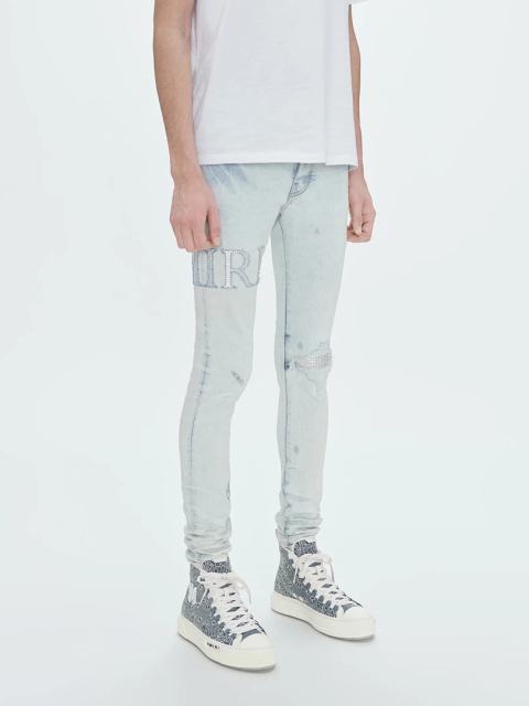 #8818 Amir* Men Pale Light Wash Rhinestone Letter Mesh Patch Ripped Skinny Stretch Denim Jeans