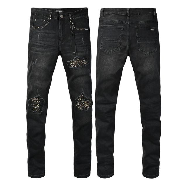#8946 Amir* Men Black Whisker Wash Multicolor Rhinestone Stud Patch Ripped Skinny Stretch Distressed Denim Jeans